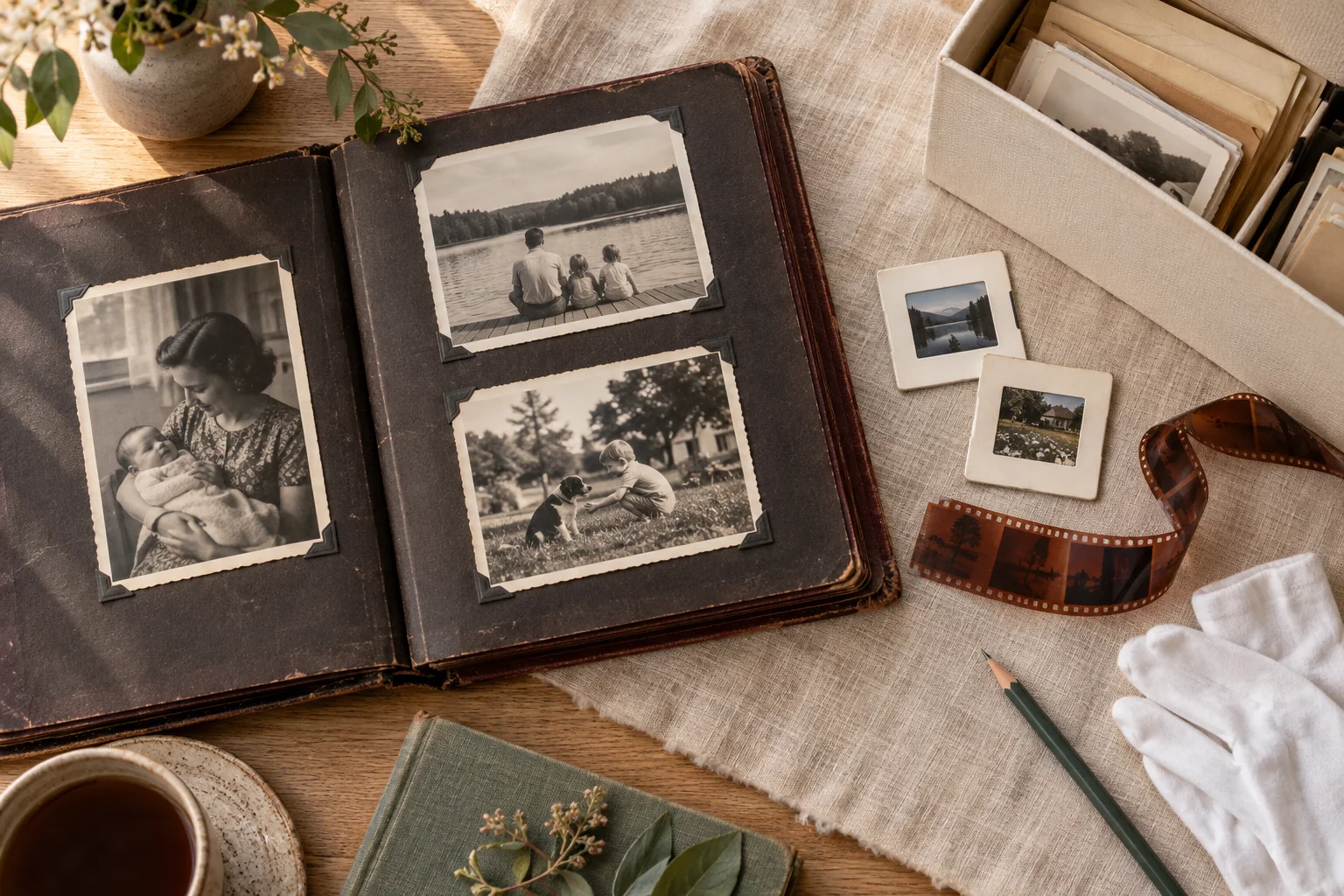An AI-created arrangement of a family album, photographs, slides and archive materials