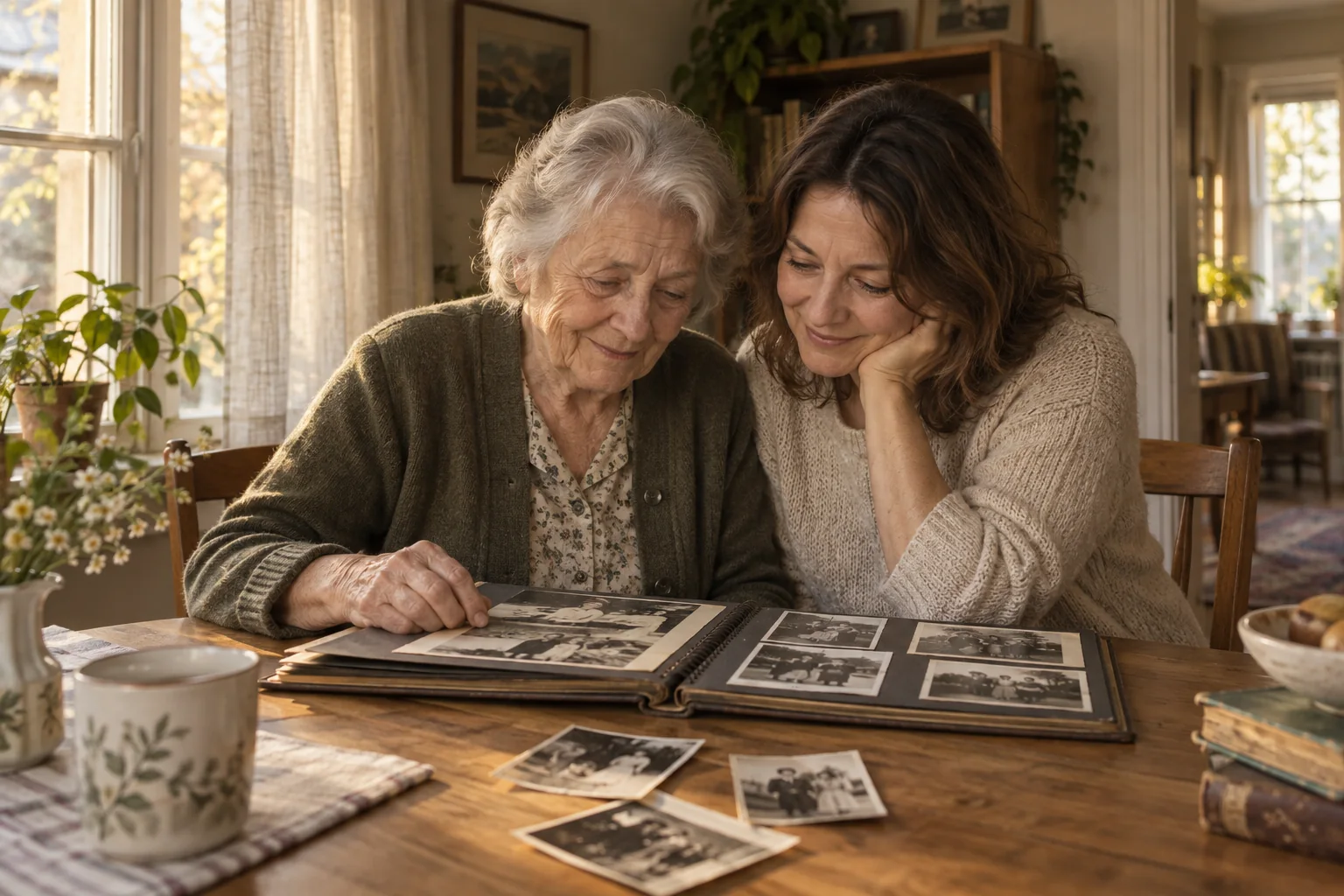AI-created illustration of an older parent and an adult child remembering together over a family photo album.